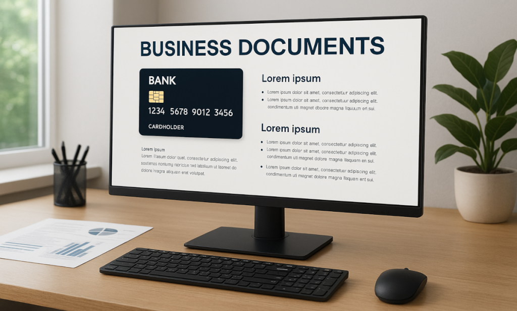 a bureau in an office with an example of Business Documents of a merchant account on the screen