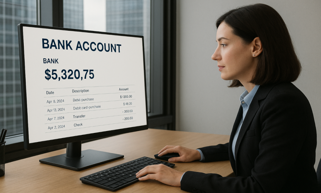 a business lady in a skyscraper office sitting behind a computer checking her bank account