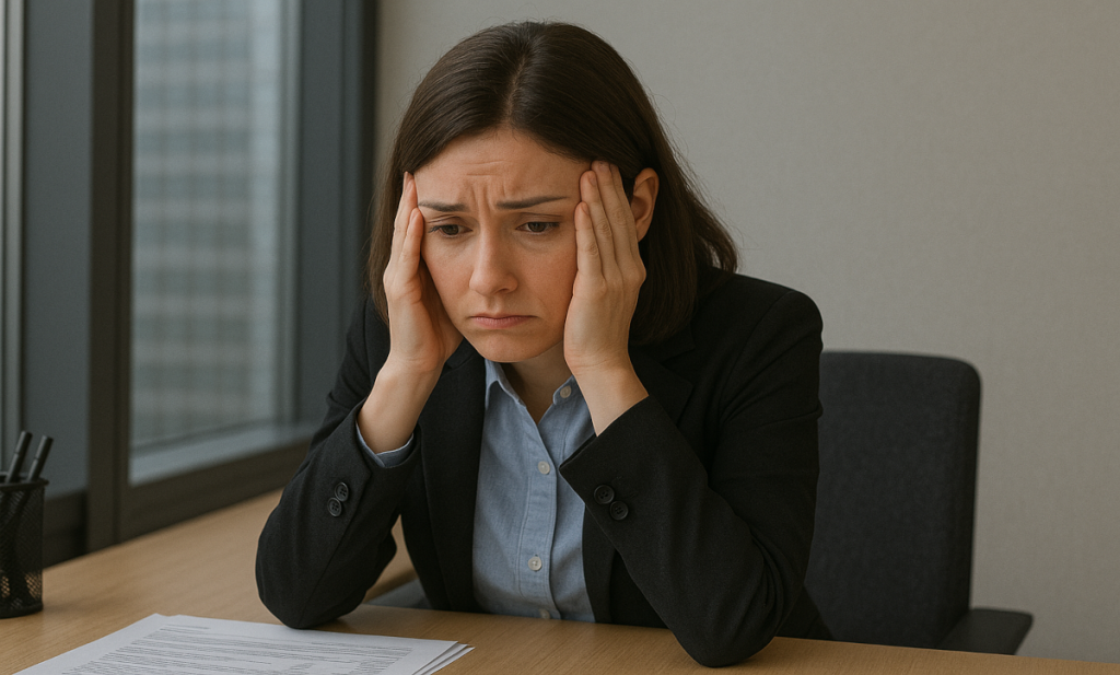 a business woman sitting in an office disappointed because of her merchant account beeing permanently declined