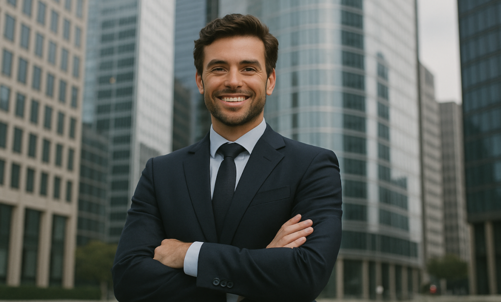 a succesful business man expert in merchant account service standing outside on the street