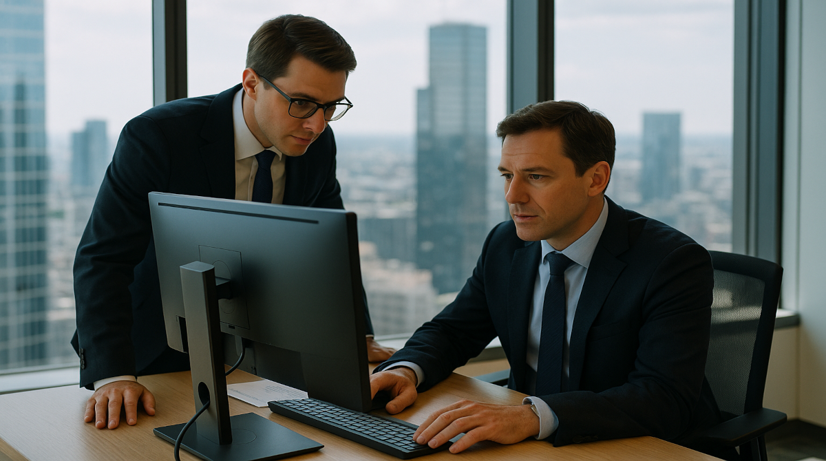 business men in an office of a skyscraper looking at a computer screen